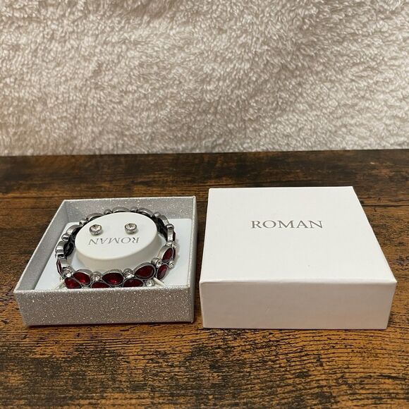 Roman Bracelet Earring Set Red Rhinestone Jewelry Box NEW - Picture 9 of 12